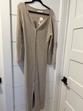 Abercrombie & Fitch Cream Ribbed Button-Front Maxi Cardigan Dress